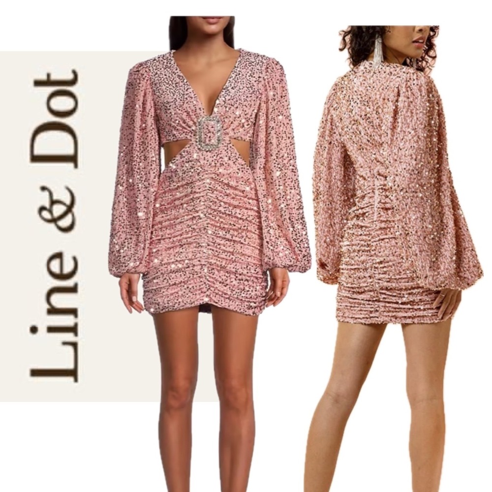 Line & Dot Pink Sequin CutOut Ruched Mini Dress Rhinestone Buckle Balloon Sleeve